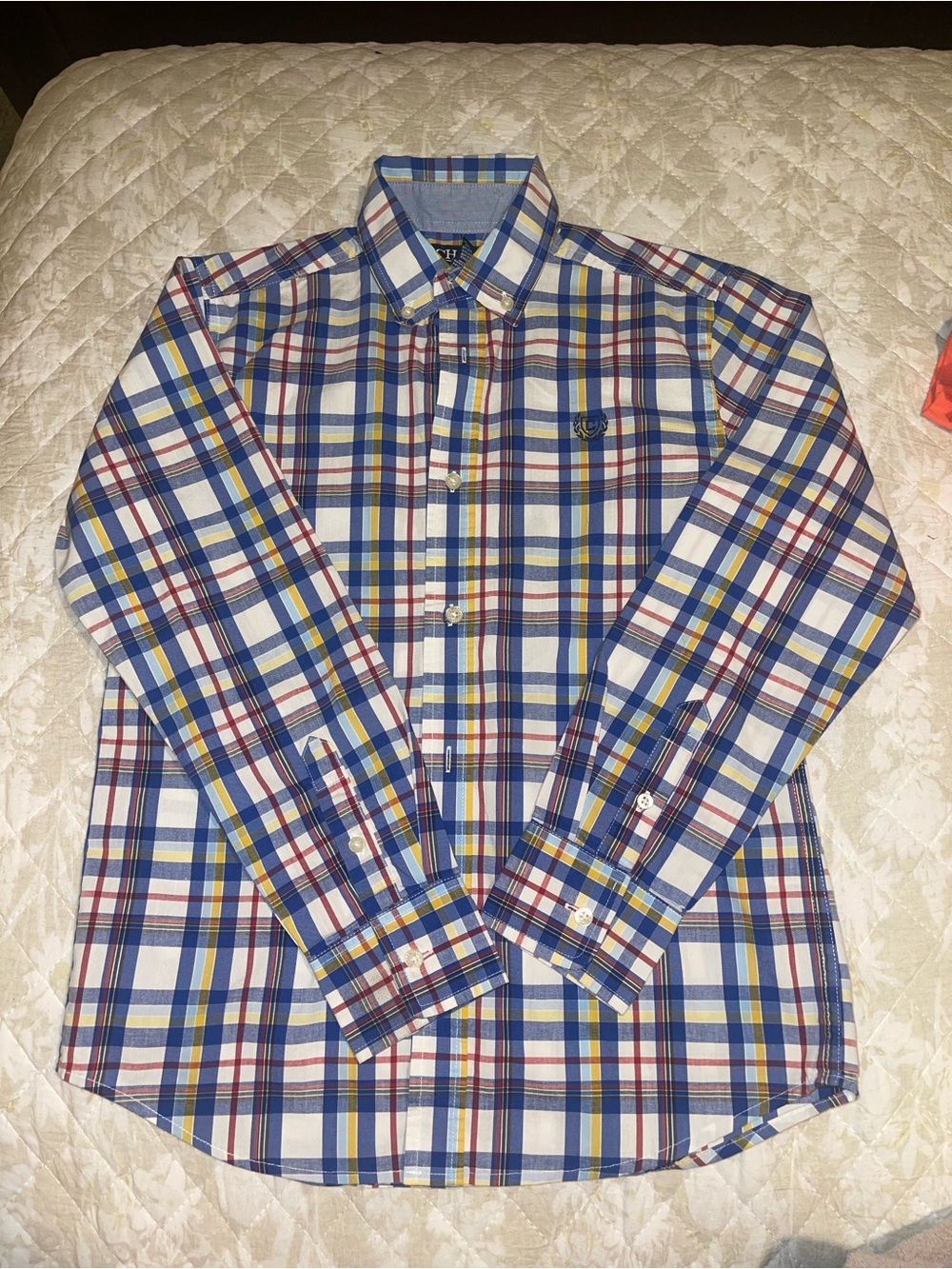 Chaps Boys Plaid Button-Down Shirt in Blue, White, Yellow, Red
